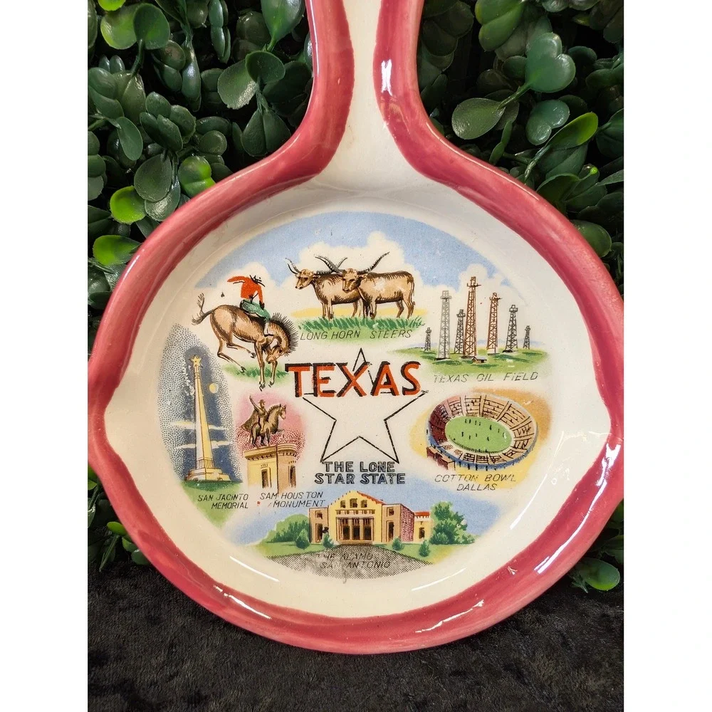 Vintage Texas Souvenir Ceramic Skillet Pink MCM Lone Star State Dish Wall Decor